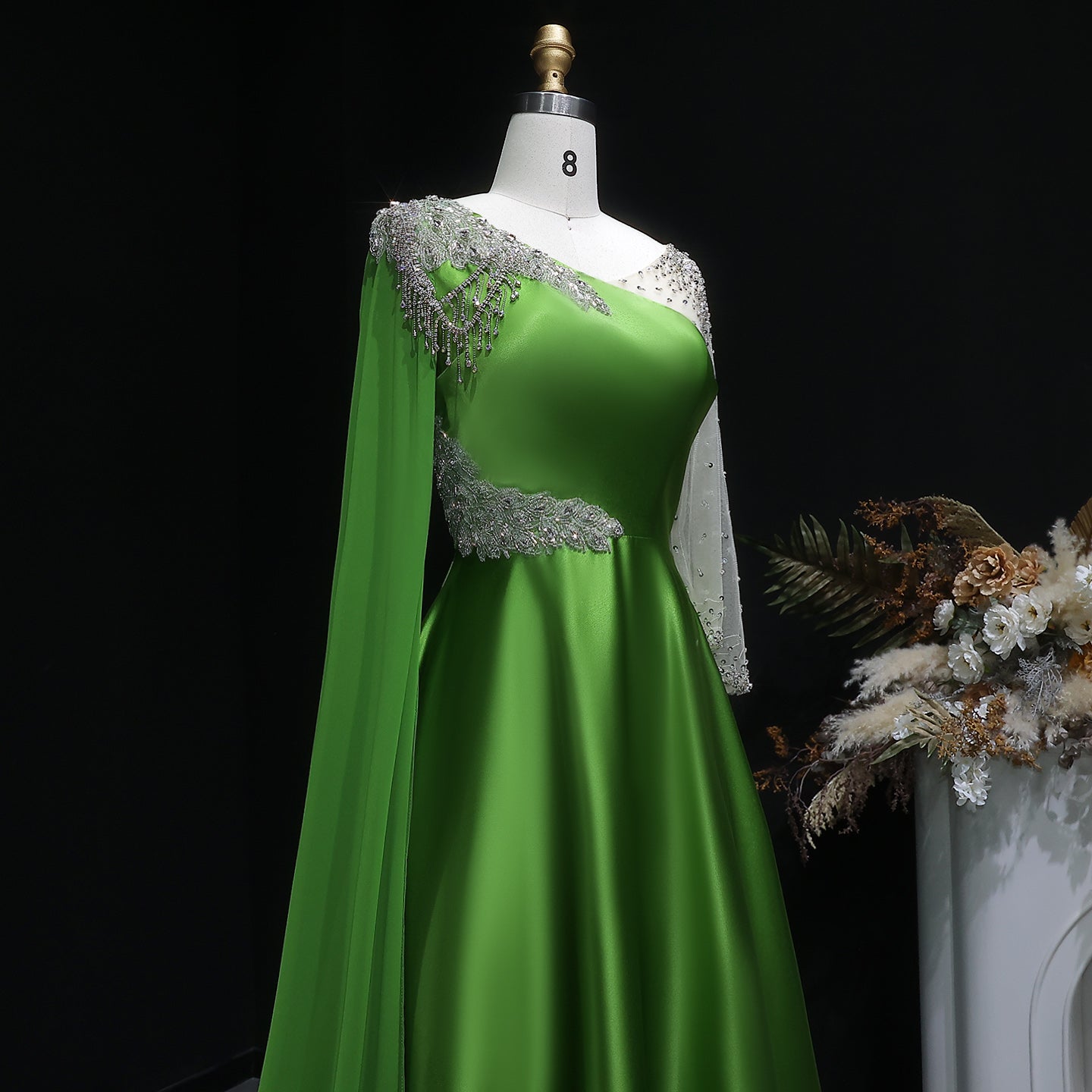 Luxury Green Beaded Sequin Satin Evening Dress with Cap SF298