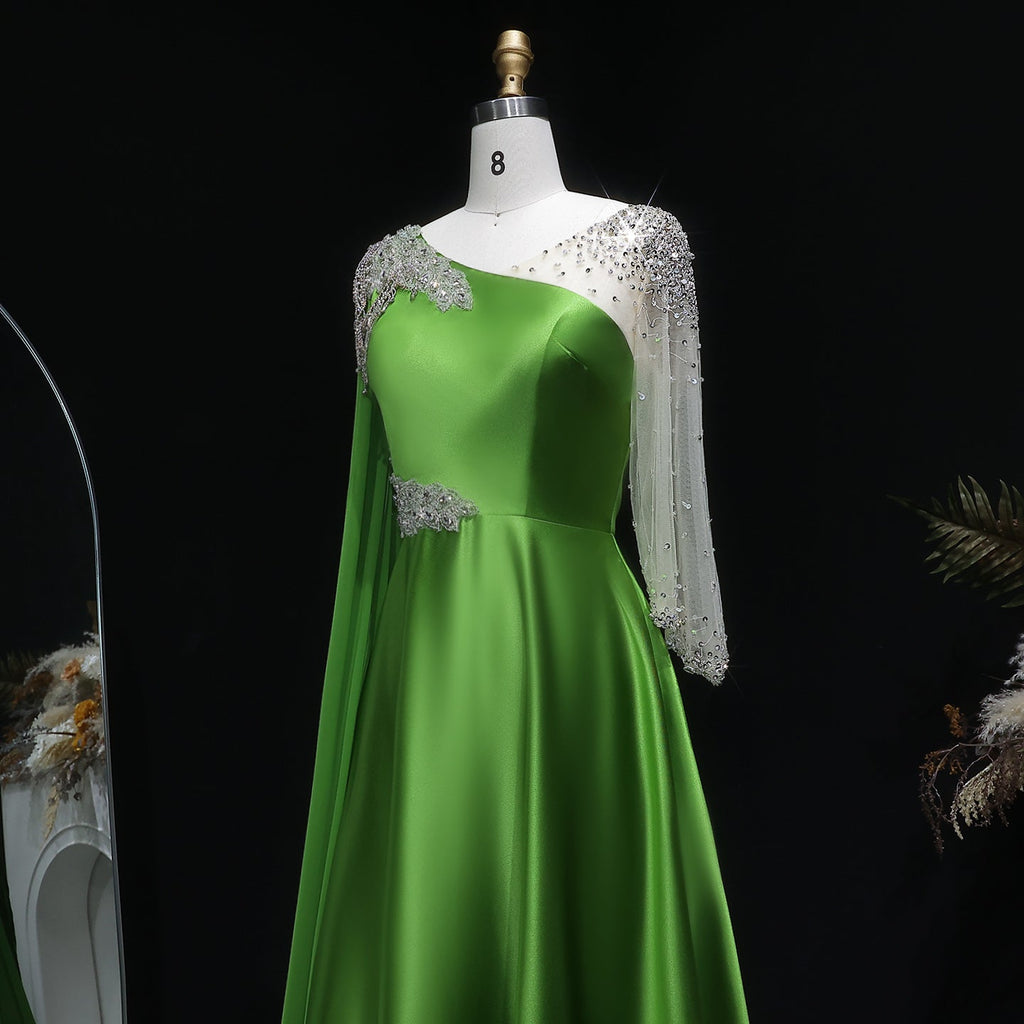 Luxury Green Beaded Sequin Satin Evening Dress with Cap SF298