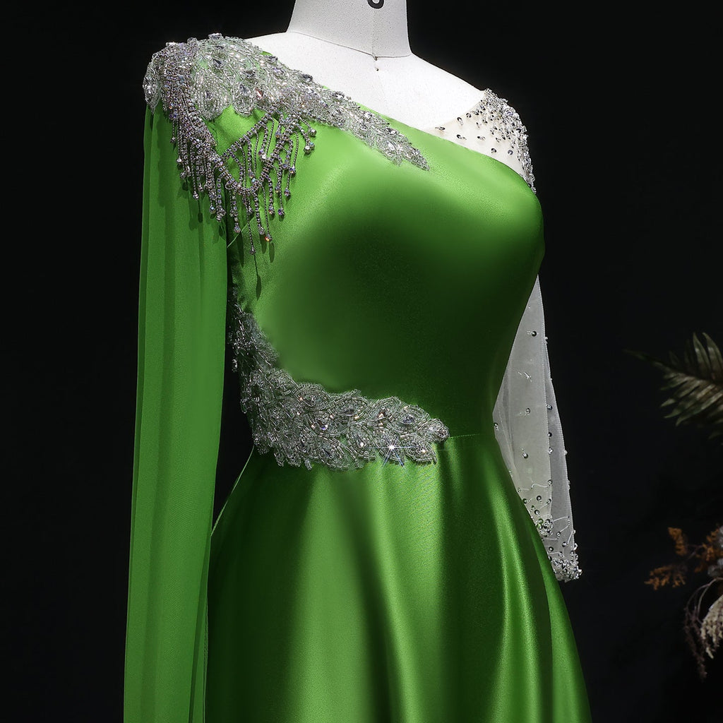 Luxury Green Beaded Sequin Satin Evening Dress with Cap SF298
