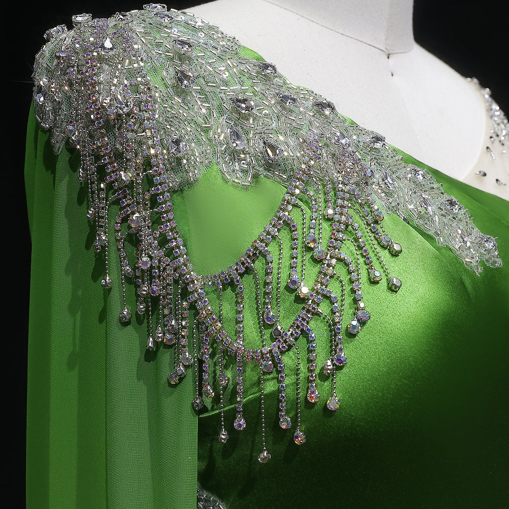 Luxury Green Beaded Sequin Satin Evening Dress with Cap SF298