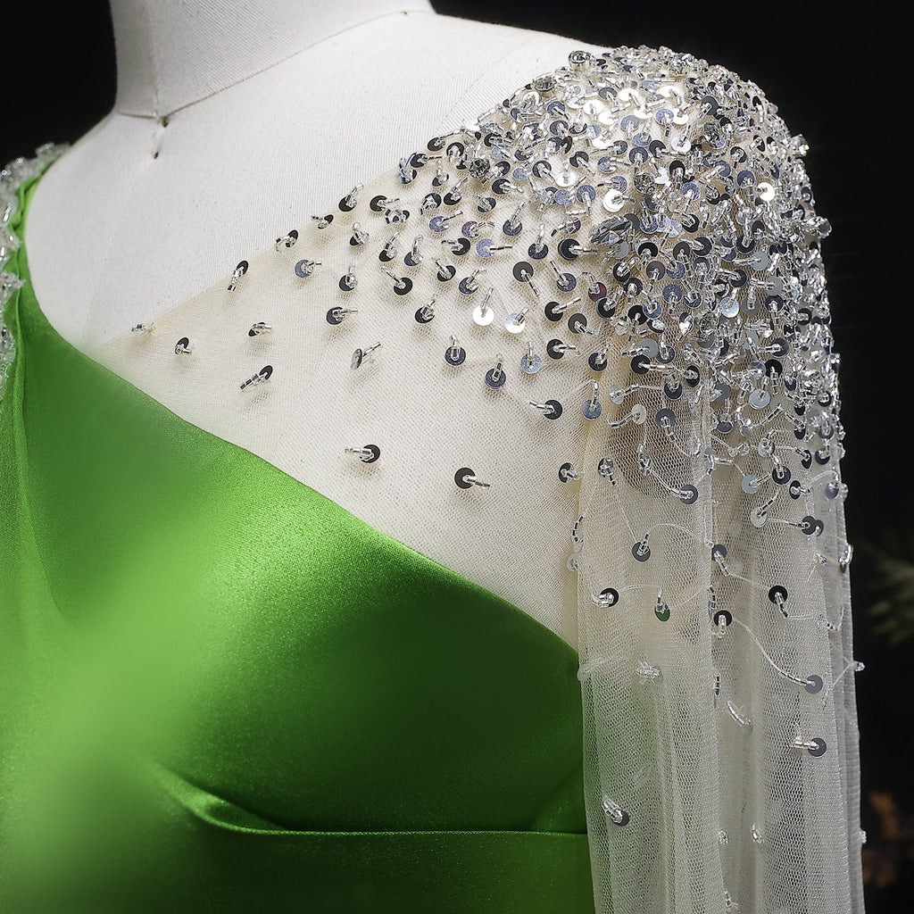 Luxury Green Beaded Sequin Satin Evening Dress with Cap SF298