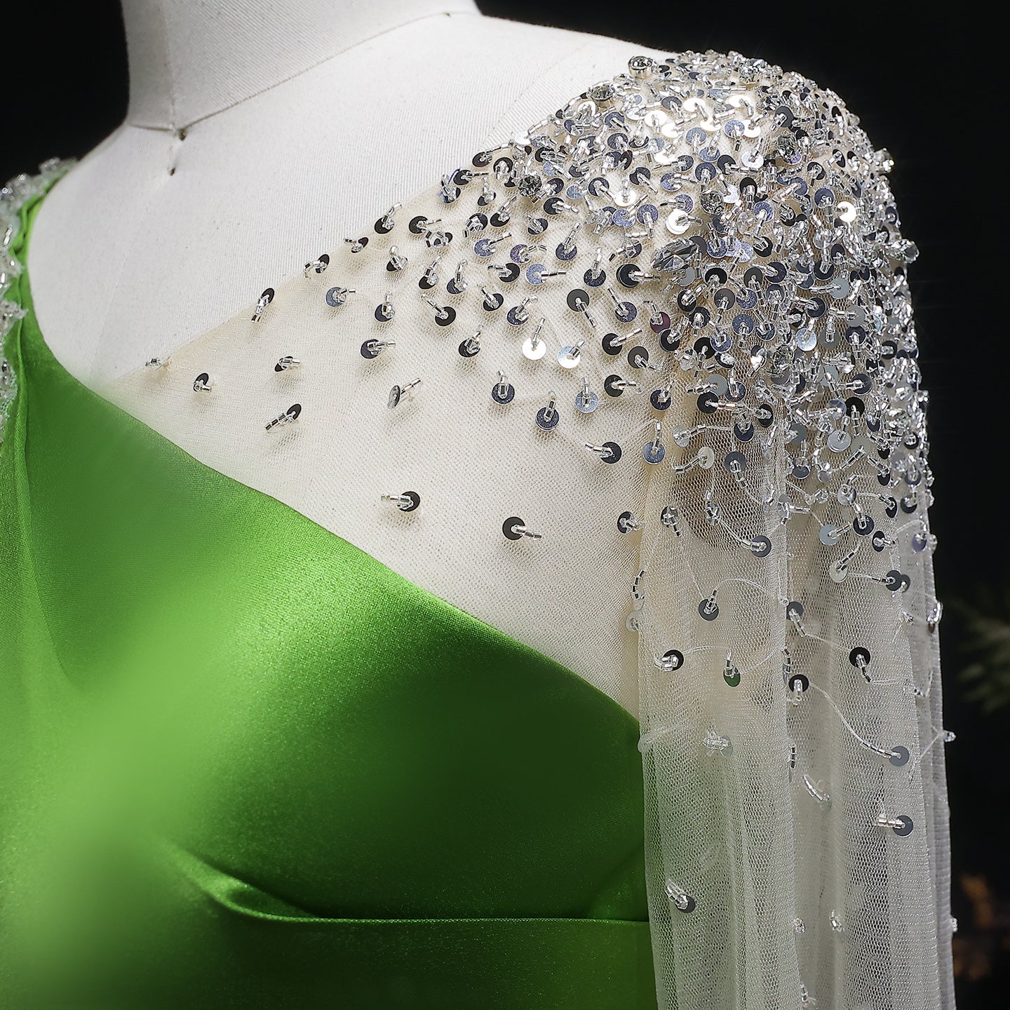 Luxury Green Beaded Sequin Satin Evening Dress with Cap SF298