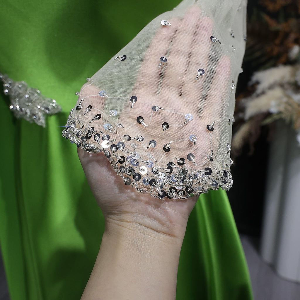 Luxury Green Beaded Sequin Satin Evening Dress with Cap SF298