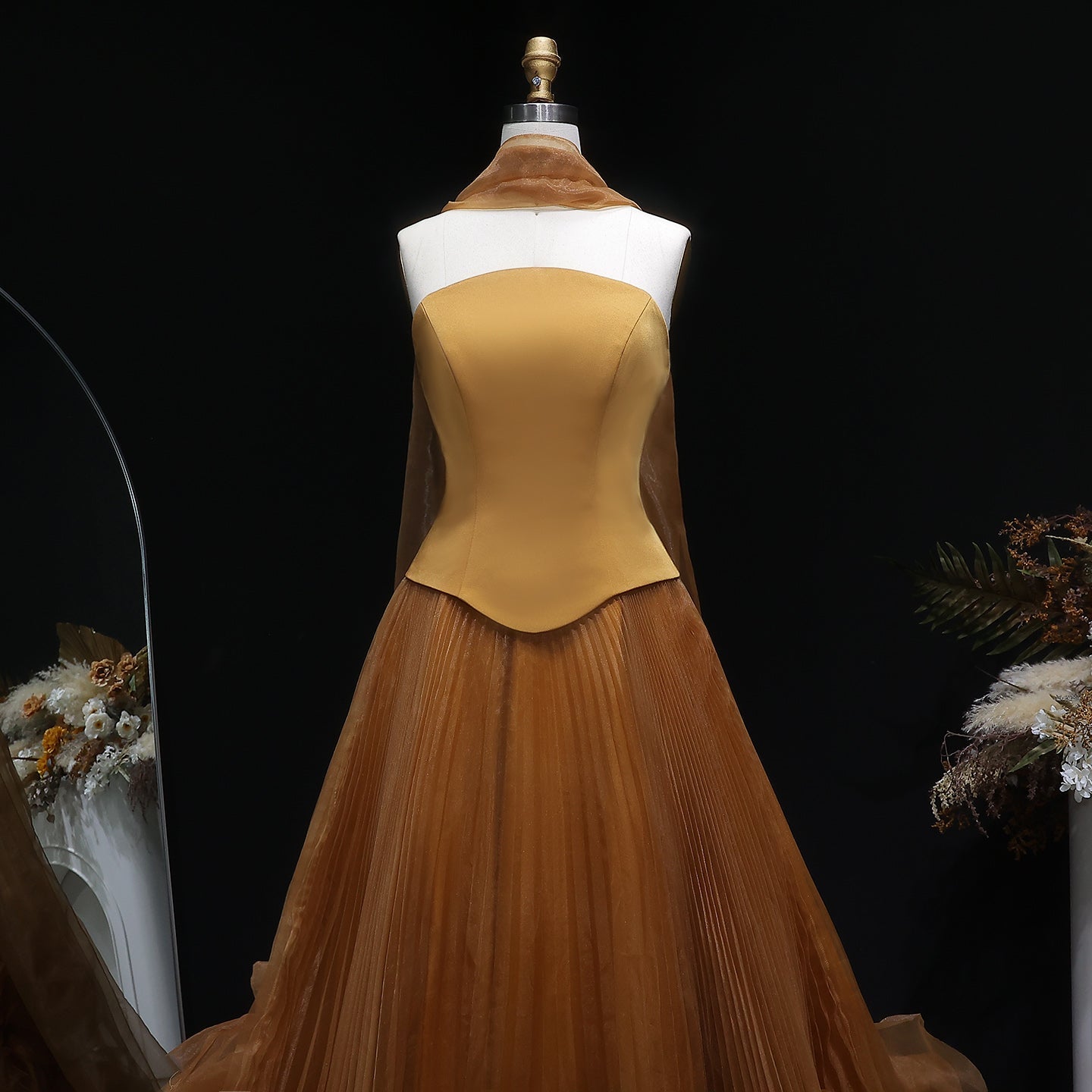 Elegant Black A-Line Evening Dress with Pleats Flower SF300
