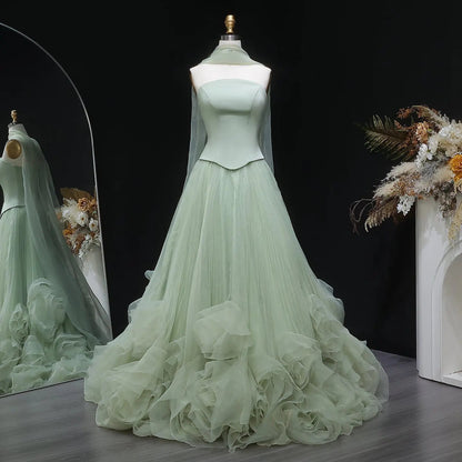 Glamorous Mint Green Strapless Tulle Evening Dress with Cape SF 300