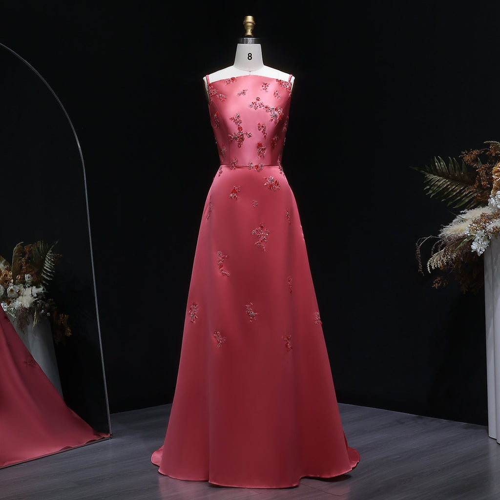 Luxury Rose Pink Beaded Satin Spaghetti Strap Evening Dress SF302