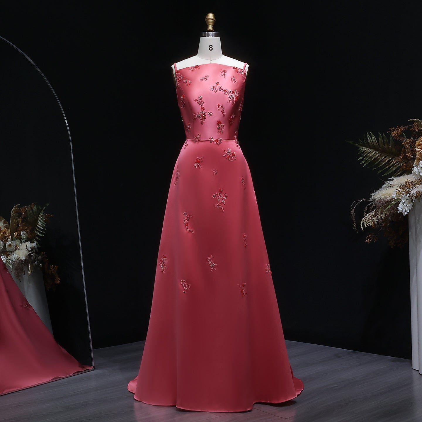 Luxury Rose Pink Beaded Satin Spaghetti Strap Evening Dress SF302