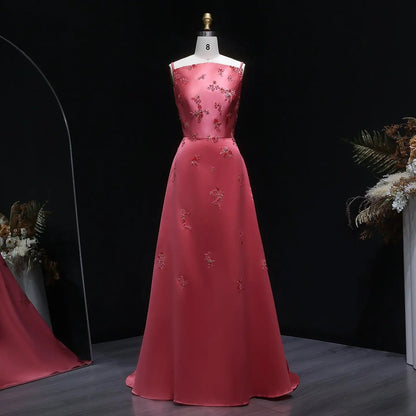 Luxury Pink Satin Evening Dress with Scattered Floral Appliqués SF302