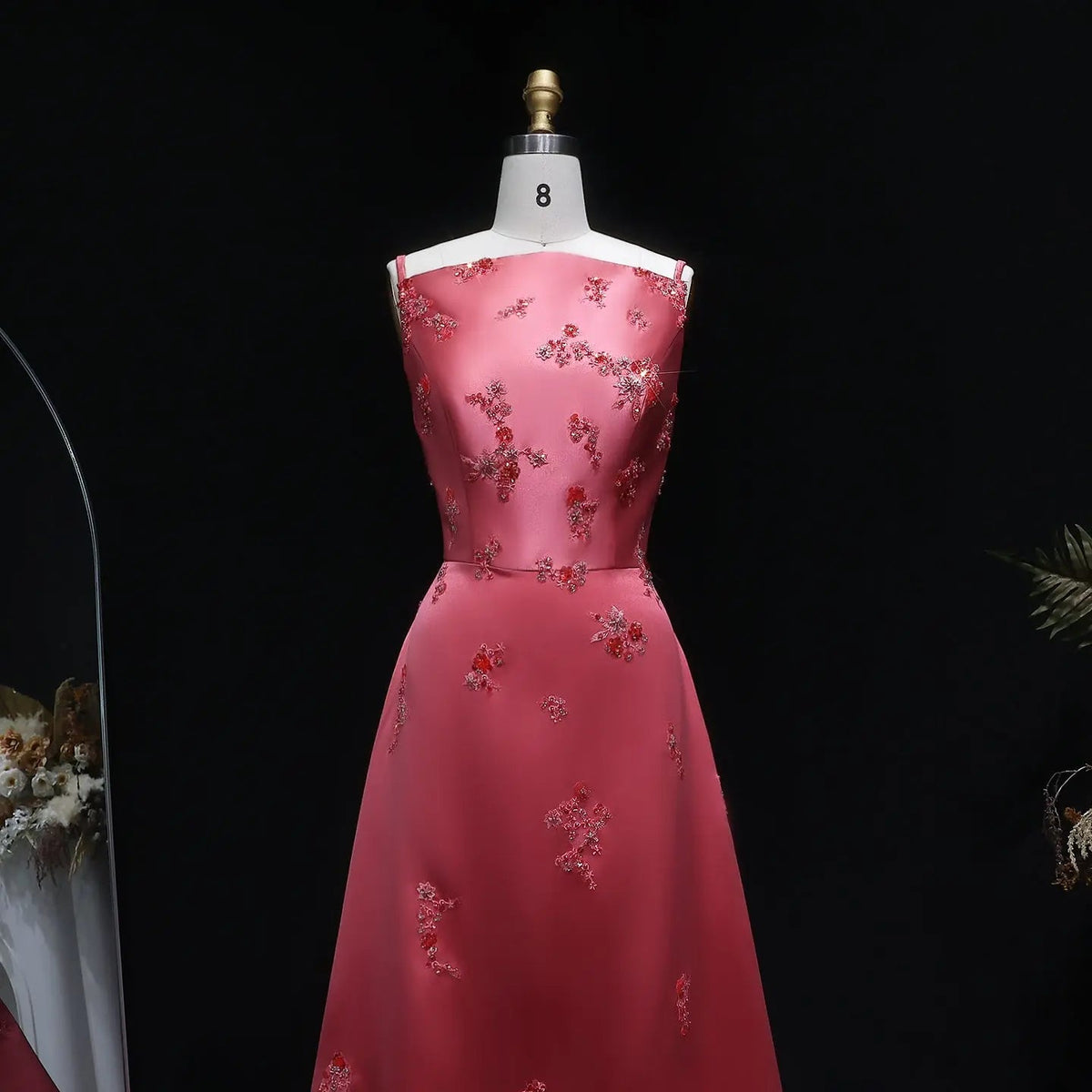 Luxury Pink Satin Evening Dress with Scattered Floral Appliqués SF302