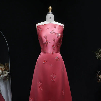 Luxury Pink Satin Evening Dress with Scattered Floral Appliqués SF302