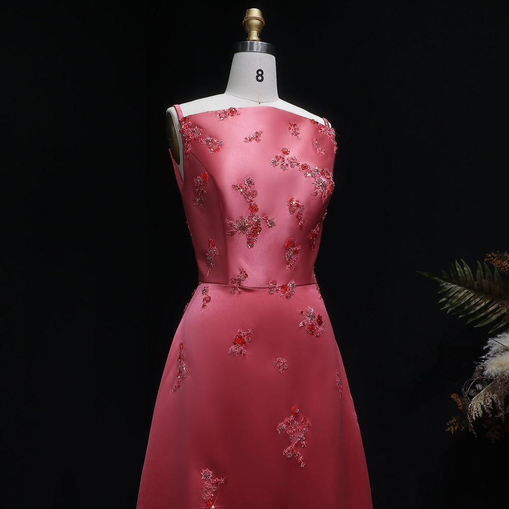 Luxury Rose Pink Beaded Satin Spaghetti Strap Evening Dress SF302