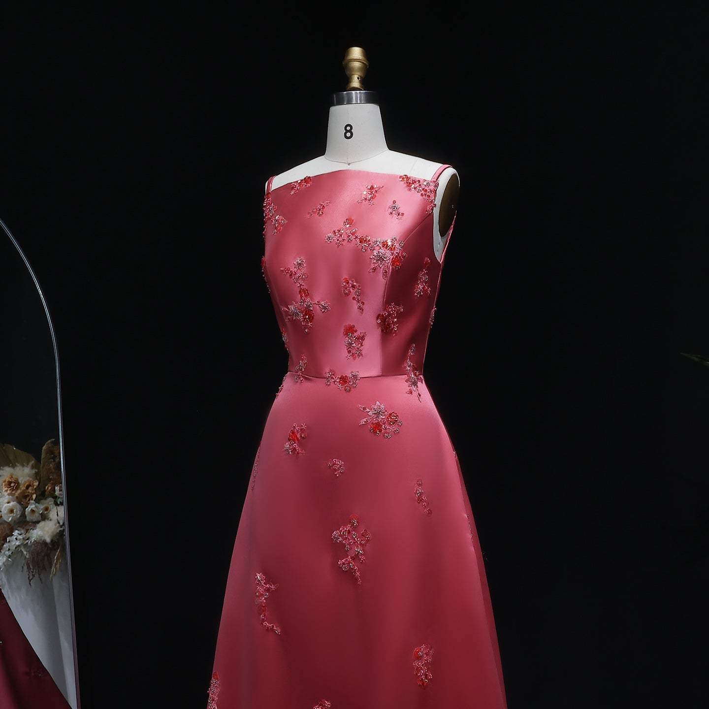 Luxury Rose Pink Beaded Satin Spaghetti Strap Evening Dress SF302