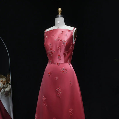 Luxury Pink Satin Evening Dress with Scattered Floral Appliqués SF302