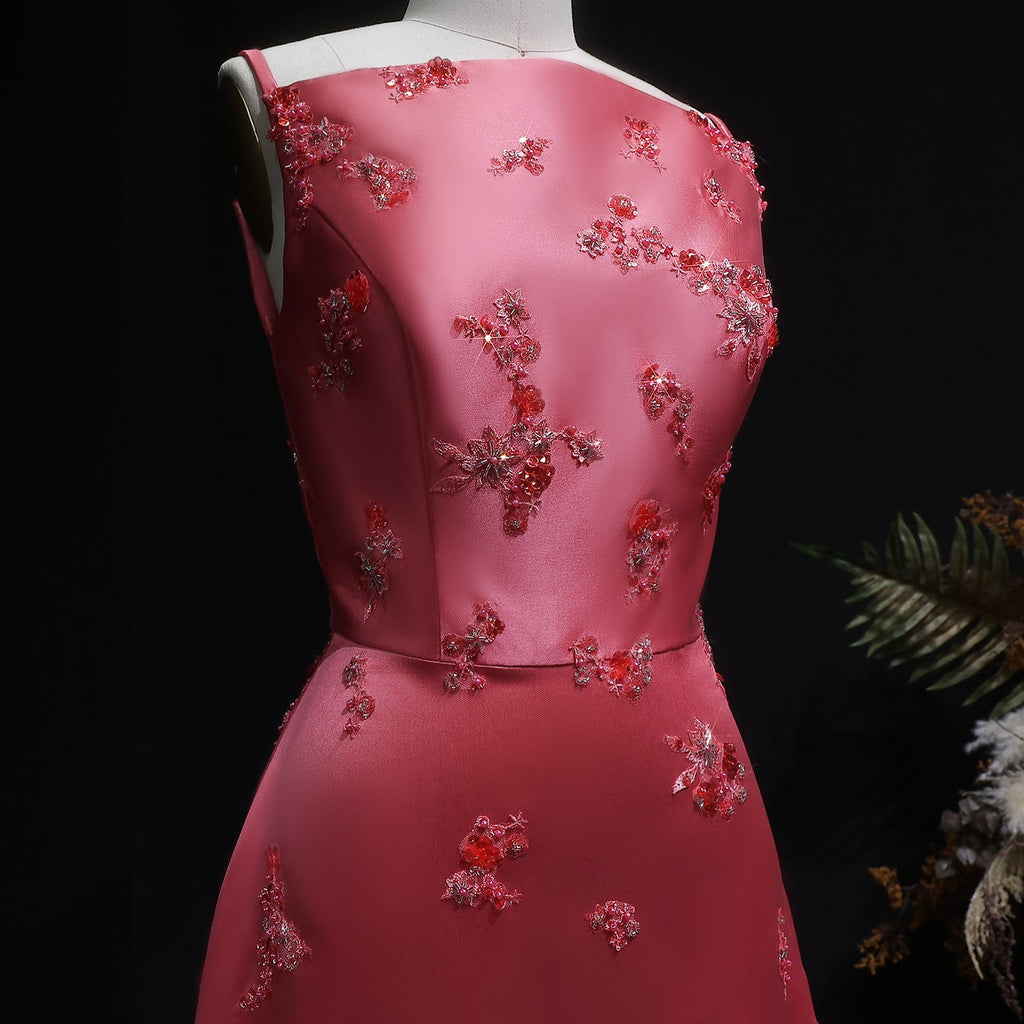Luxury Rose Pink Beaded Satin Spaghetti Strap Evening Dress SF302