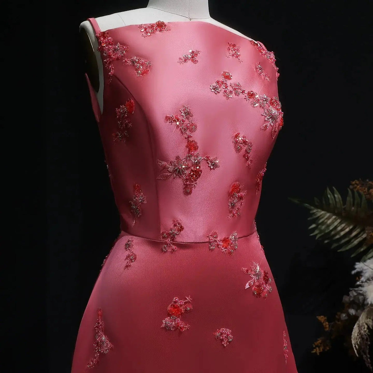 Luxury Pink Satin Evening Dress with Scattered Floral Appliqués SF302