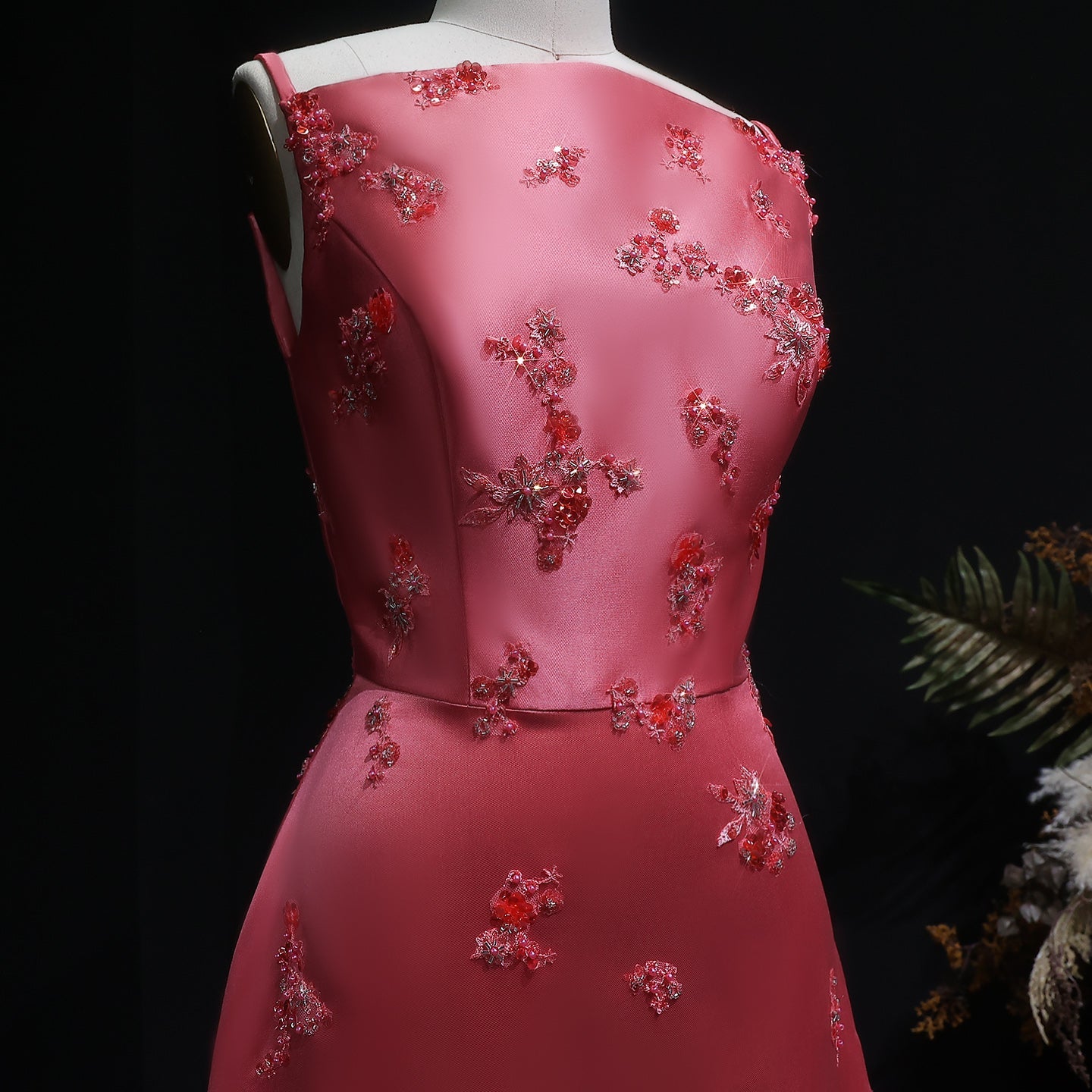 Luxury Rose Pink Beaded Satin Spaghetti Strap Evening Dress SF302