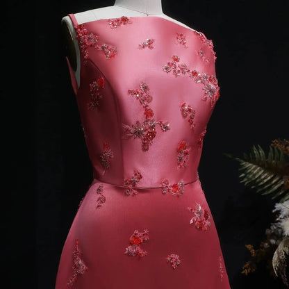 Luxury Pink Satin Evening Dress with Scattered Floral Appliqués SF302