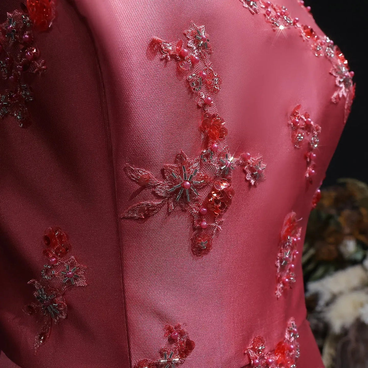 Luxury Pink Satin Evening Dress with Scattered Floral Appliqués SF302