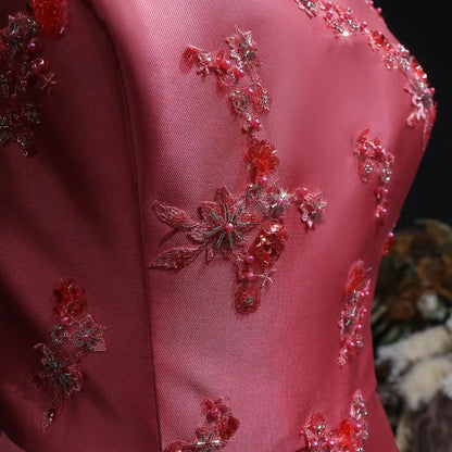 Luxury Pink Satin Evening Dress with Scattered Floral Appliqués SF302