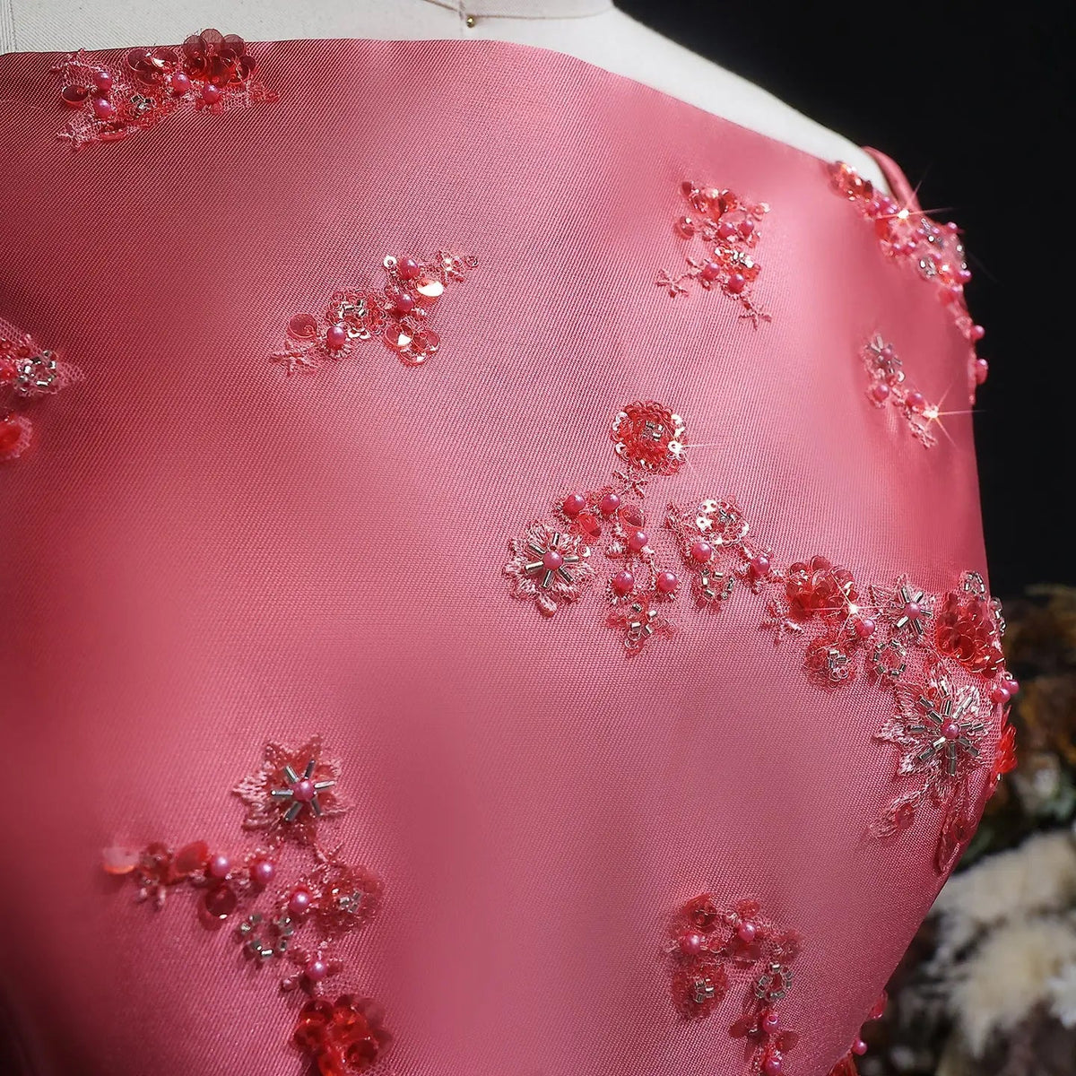 Luxury Pink Satin Evening Dress with Scattered Floral Appliqués SF302