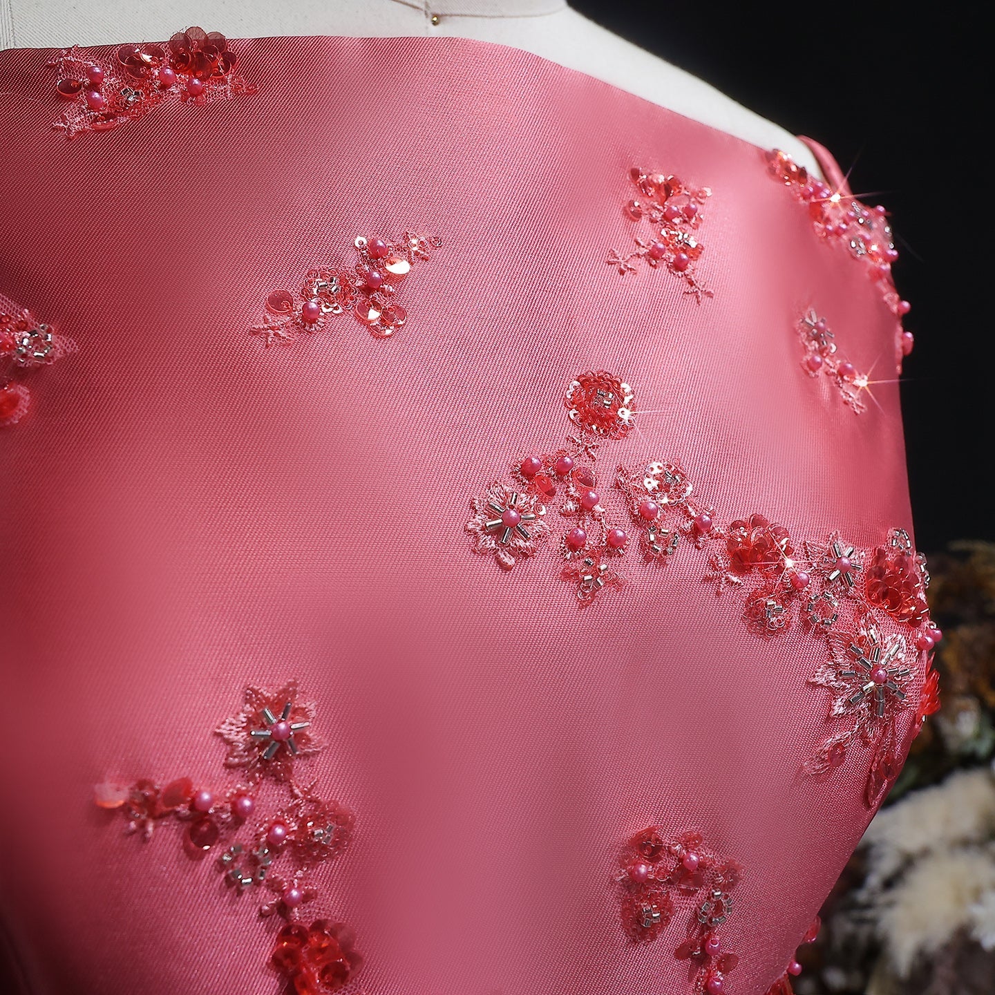 Luxury Rose Pink Beaded Satin Spaghetti Strap Evening Dress SF302