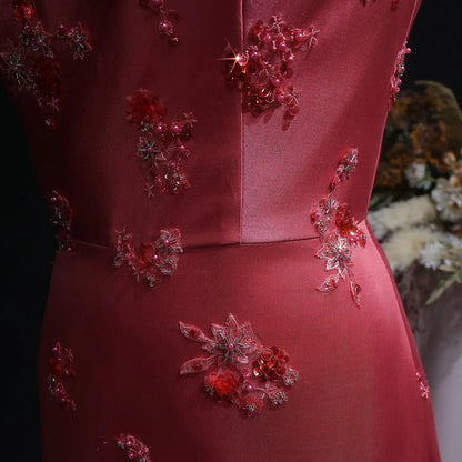 Luxury Pink Satin Evening Dress with Scattered Floral Appliqués SF302