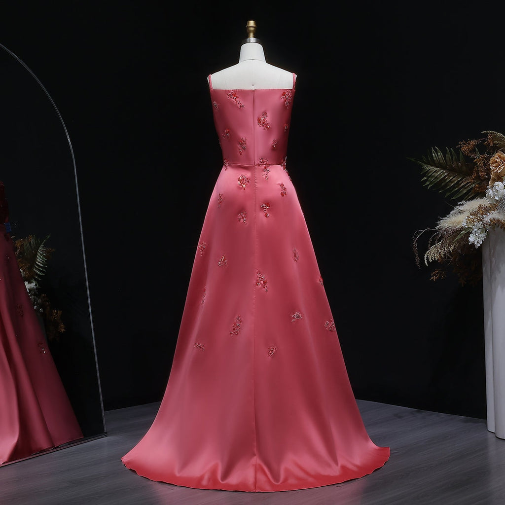 Luxury Rose Pink Beaded Satin Spaghetti Strap Evening Dress SF302
