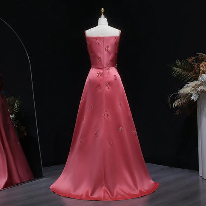 Luxury Pink Satin Evening Dress with Scattered Floral Appliqués SF302