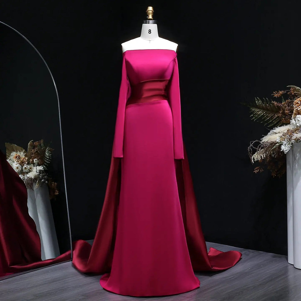 Romantic Off-the-Shoulder Evening Dress with Fitted Bodice and Dramatic Train SF318