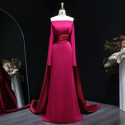 Romantic Off-the-Shoulder Evening Dress with Fitted Bodice and Dramatic Train SF318