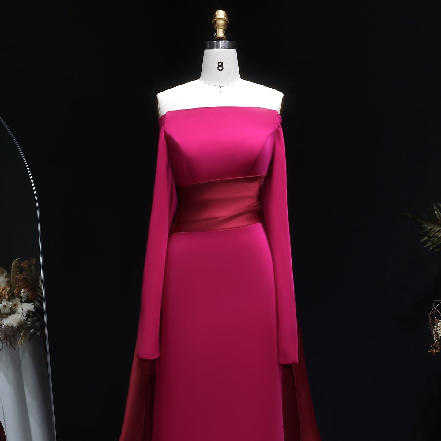 Luxury Fuchsia Off-the-Shoulder Long Sleeve Evening Dress with Overskirt SF318