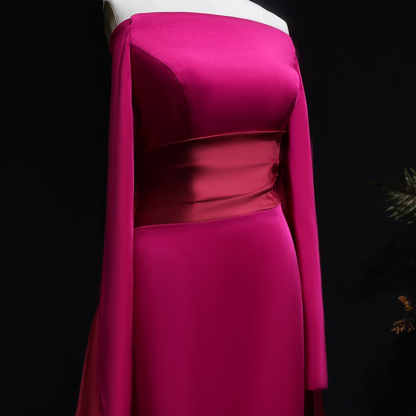 Luxury Fuchsia Off-the-Shoulder Long Sleeve Evening Dress with Overskirt SF318