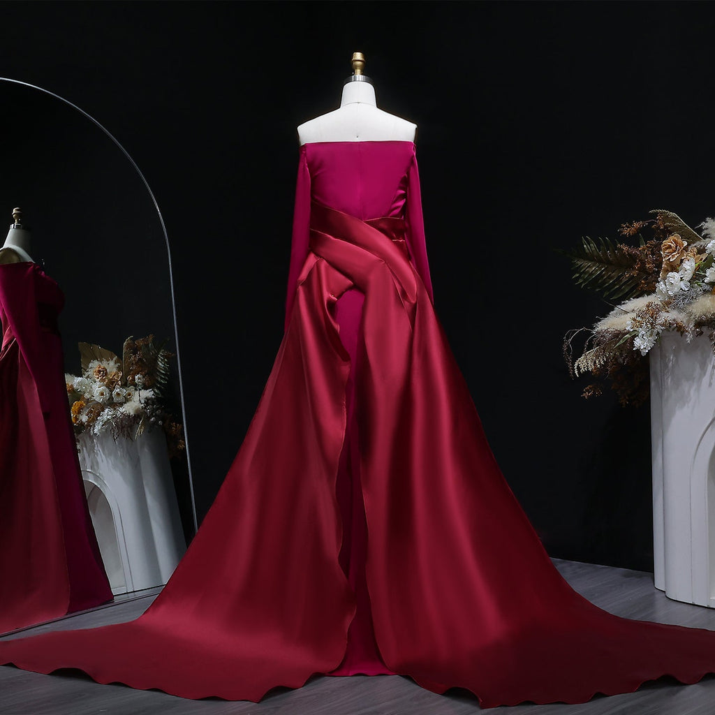Luxury Fuchsia Off-the-Shoulder Long Sleeve Evening Dress with Overskirt SF318