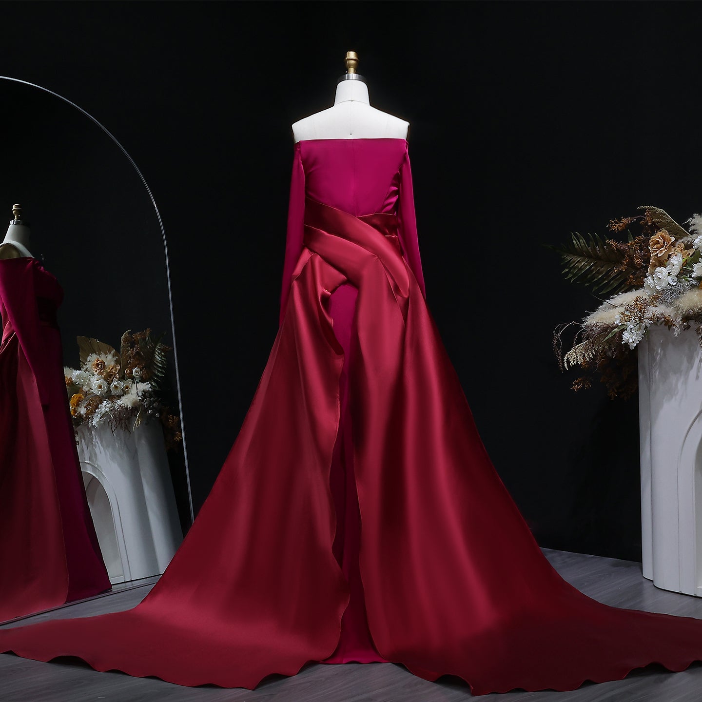 Luxury Fuchsia Off-the-Shoulder Long Sleeve Evening Dress with Overskirt SF318