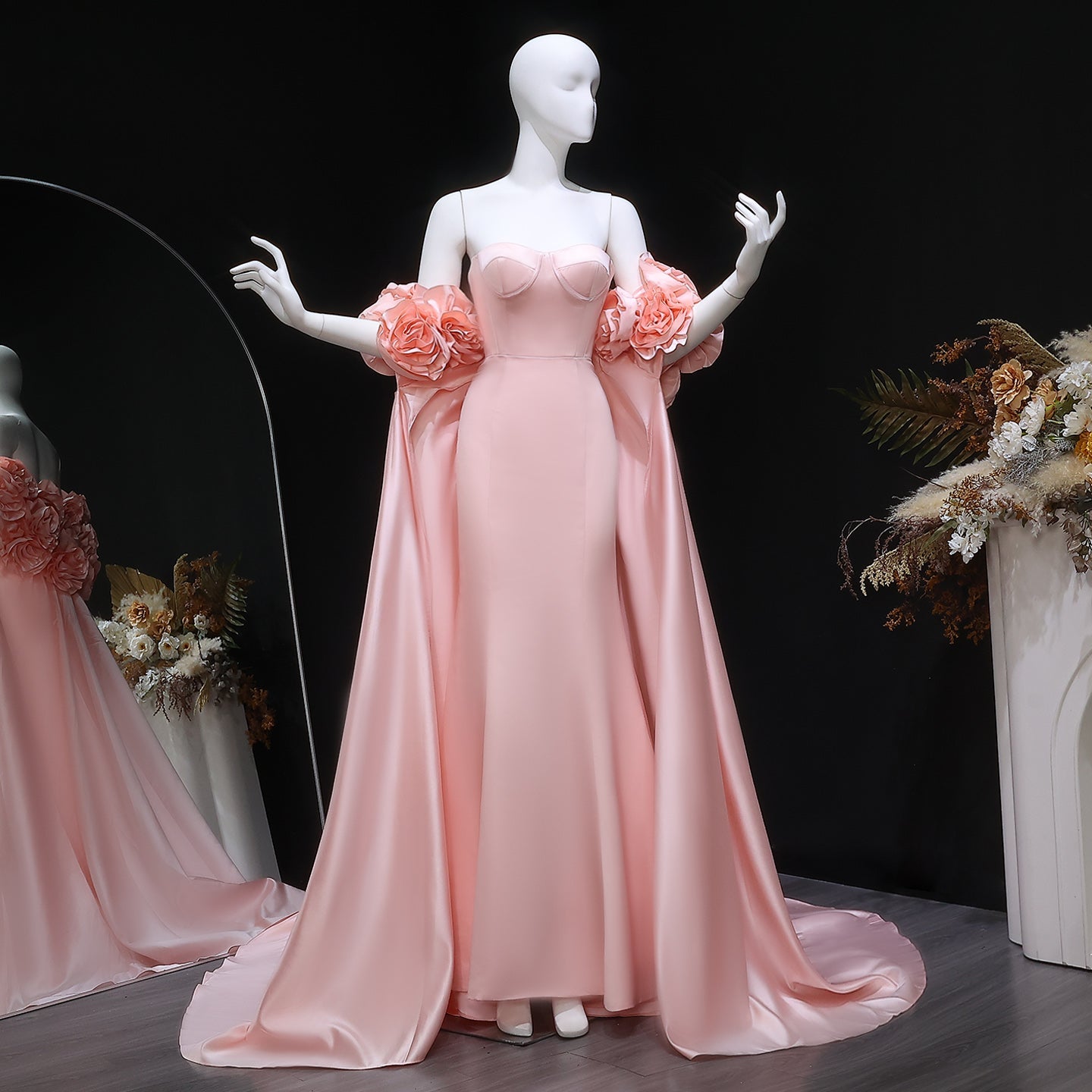 Glamorous 3D Floral Pink Evening Dress with Overskirt SF346