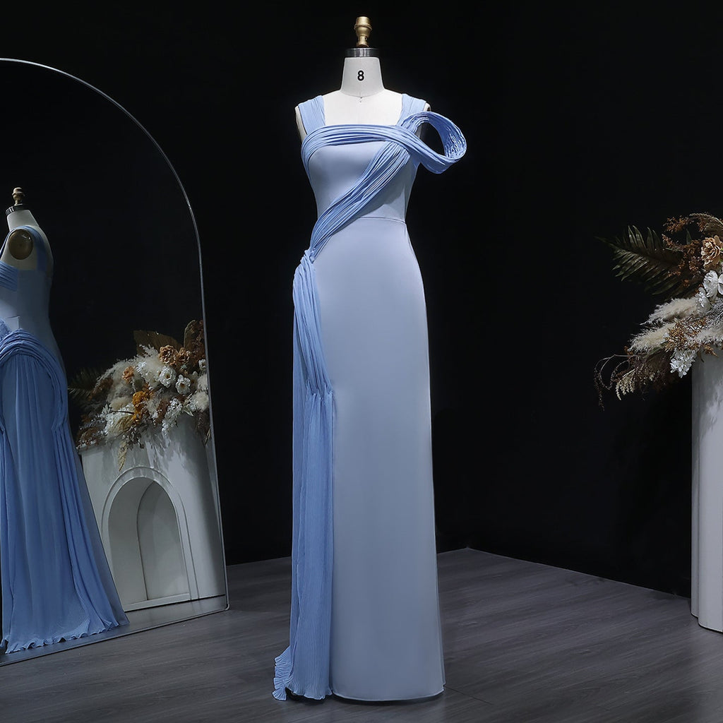 Luxury Blue Straps Pleated Evening Dress with Slit SF365