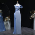 Luxury Blue Straps Pleated Evening Dress with Slit SF365