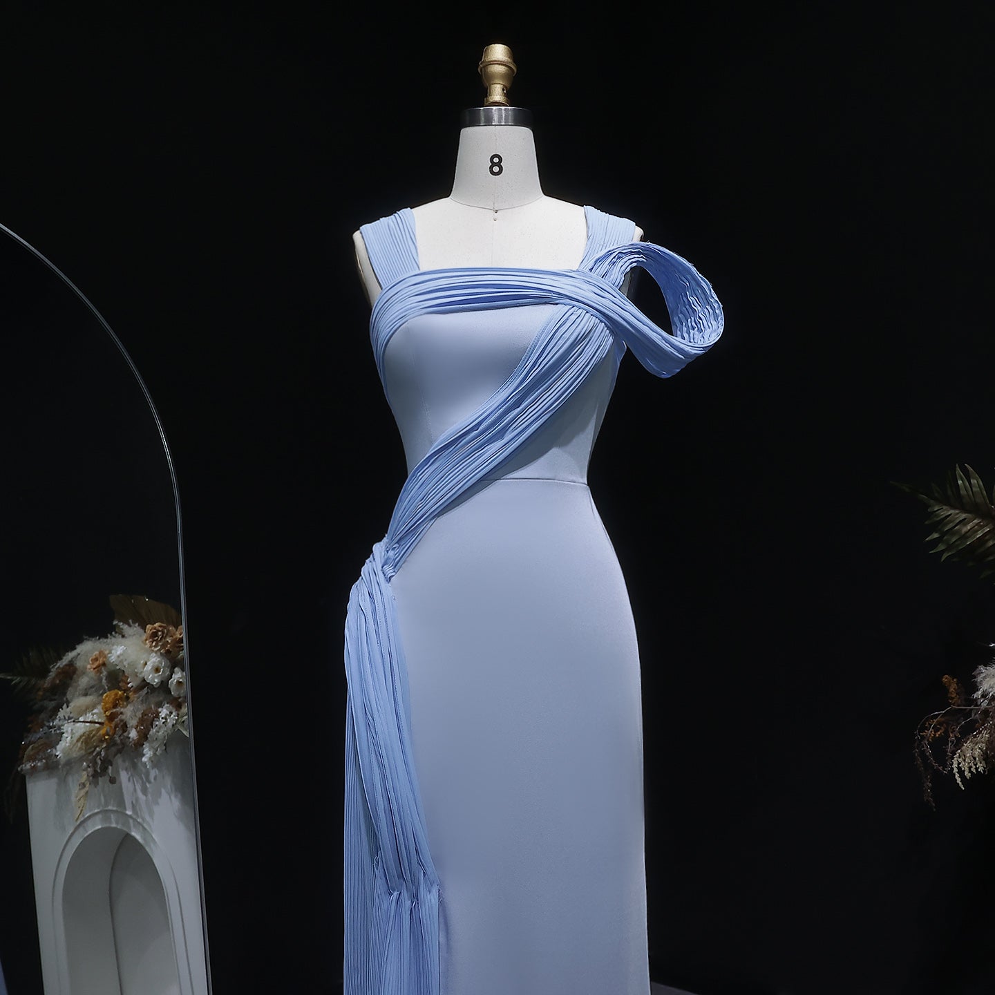 Luxury Blue Straps Pleated Evening Dress with Slit SF365