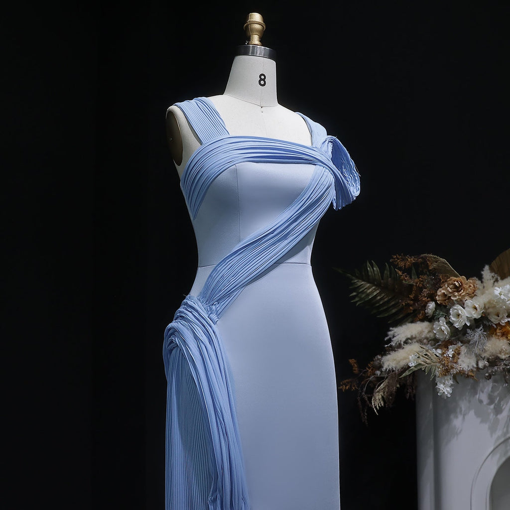 Luxury Blue Straps Pleated Evening Dress with Slit SF365