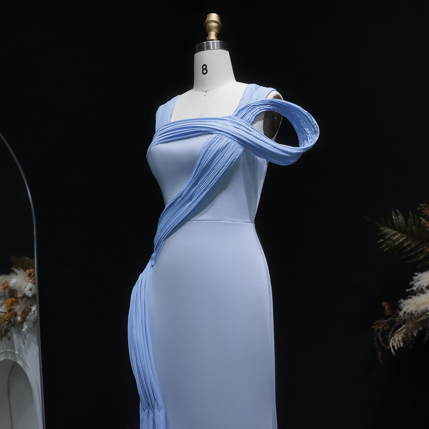 Luxury Blue Straps Pleated Evening Dress with Slit SF365