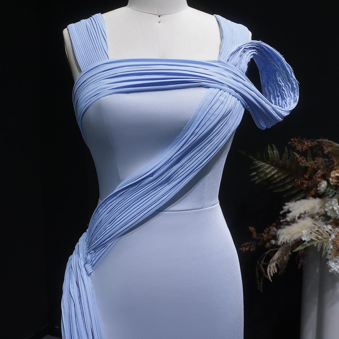 Luxury Blue Straps Pleated Evening Dress with Slit SF365