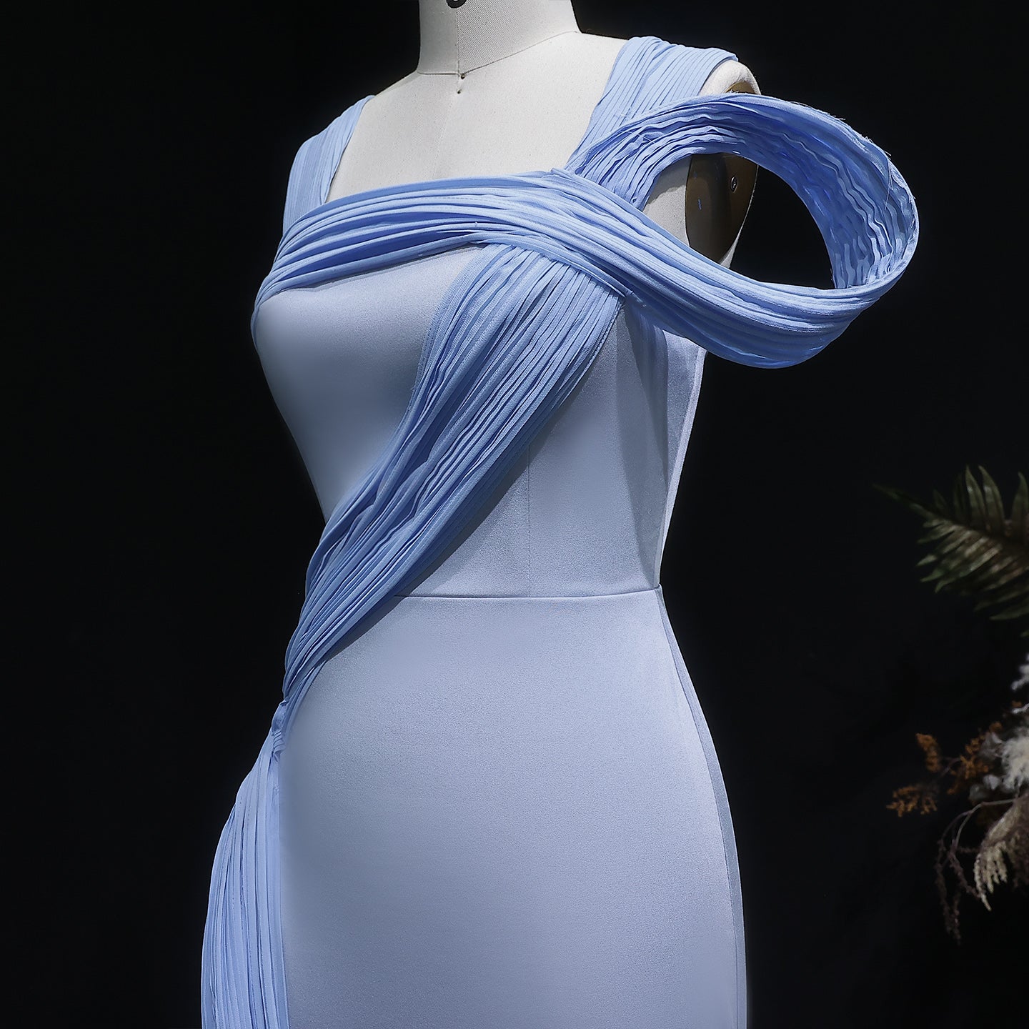 Luxury Blue Straps Pleated Evening Dress with Slit SF365