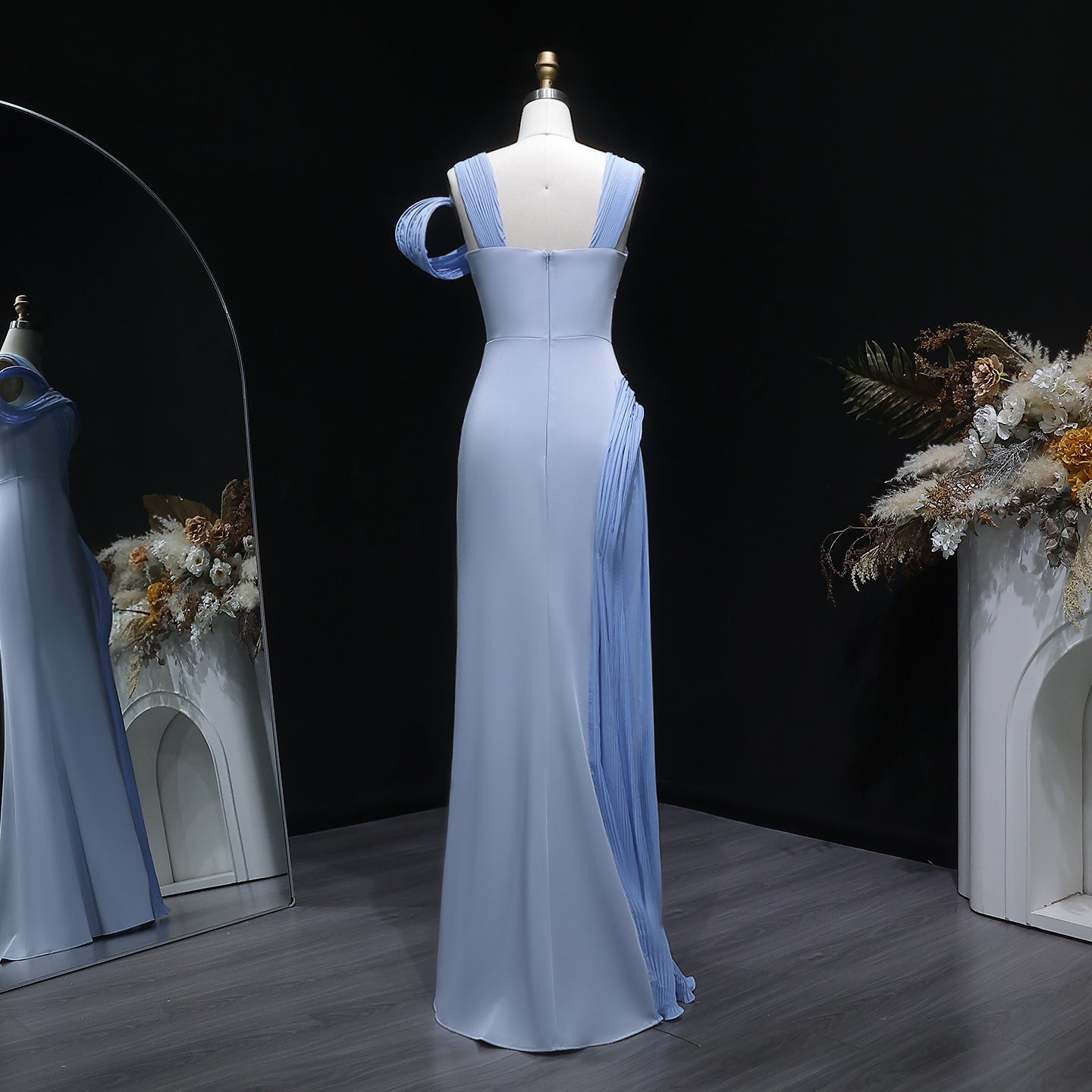 Luxury Blue Straps Pleated Evening Dress with Slit SF365