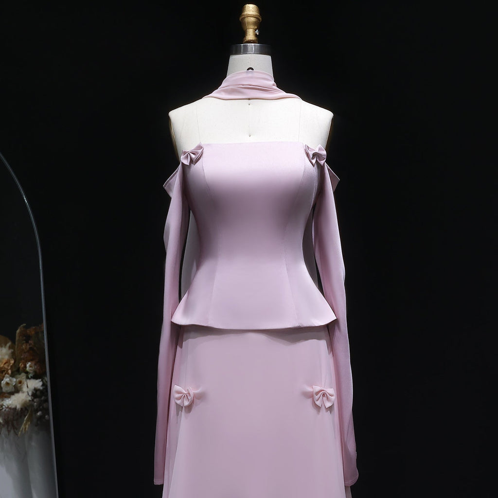 Luxury Lilac Satin Long Sleeve Evening Dress with Scarf and Bow Knot SF393