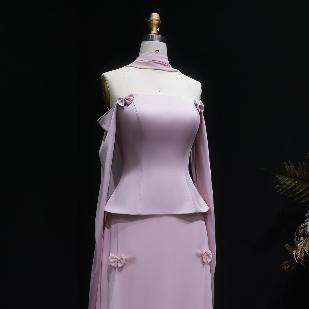 Luxury Lilac Satin Long Sleeve Evening Dress with Scarf and Bow Knot SF393