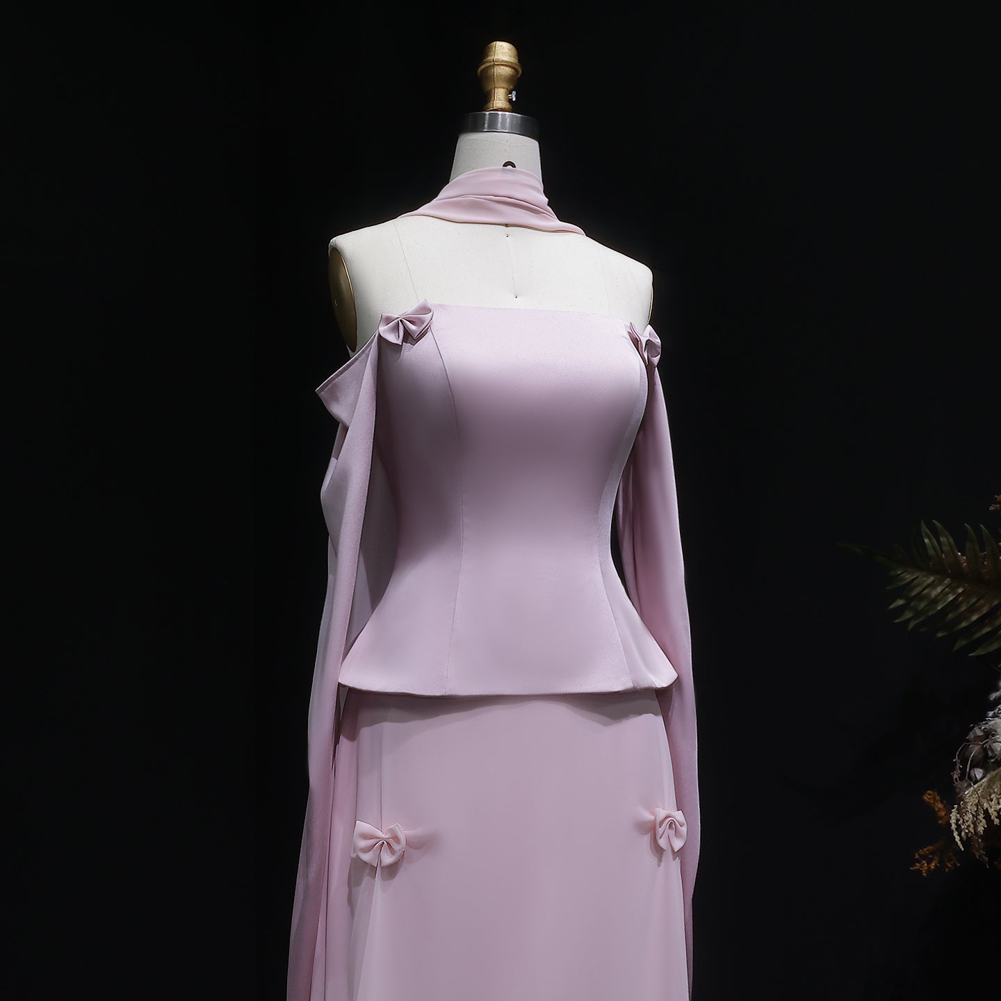 Luxury Lilac Satin Long Sleeve Evening Dress with Scarf and Bow Knot SF393