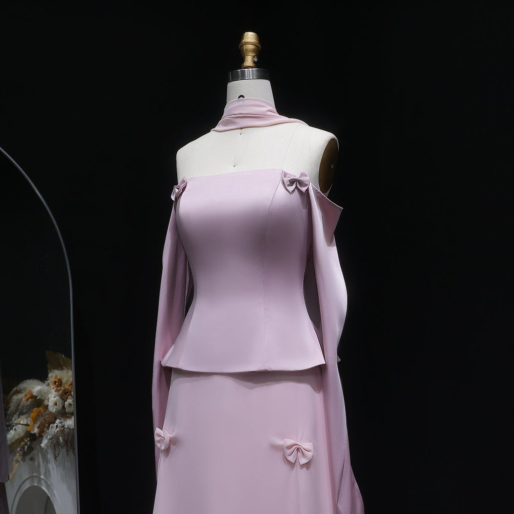 Luxury Lilac Satin Long Sleeve Evening Dress with Scarf and Bow Knot SF393