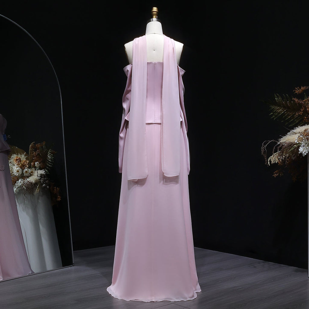 Luxury Lilac Satin Long Sleeve Evening Dress with Scarf and Bow Knot SF393