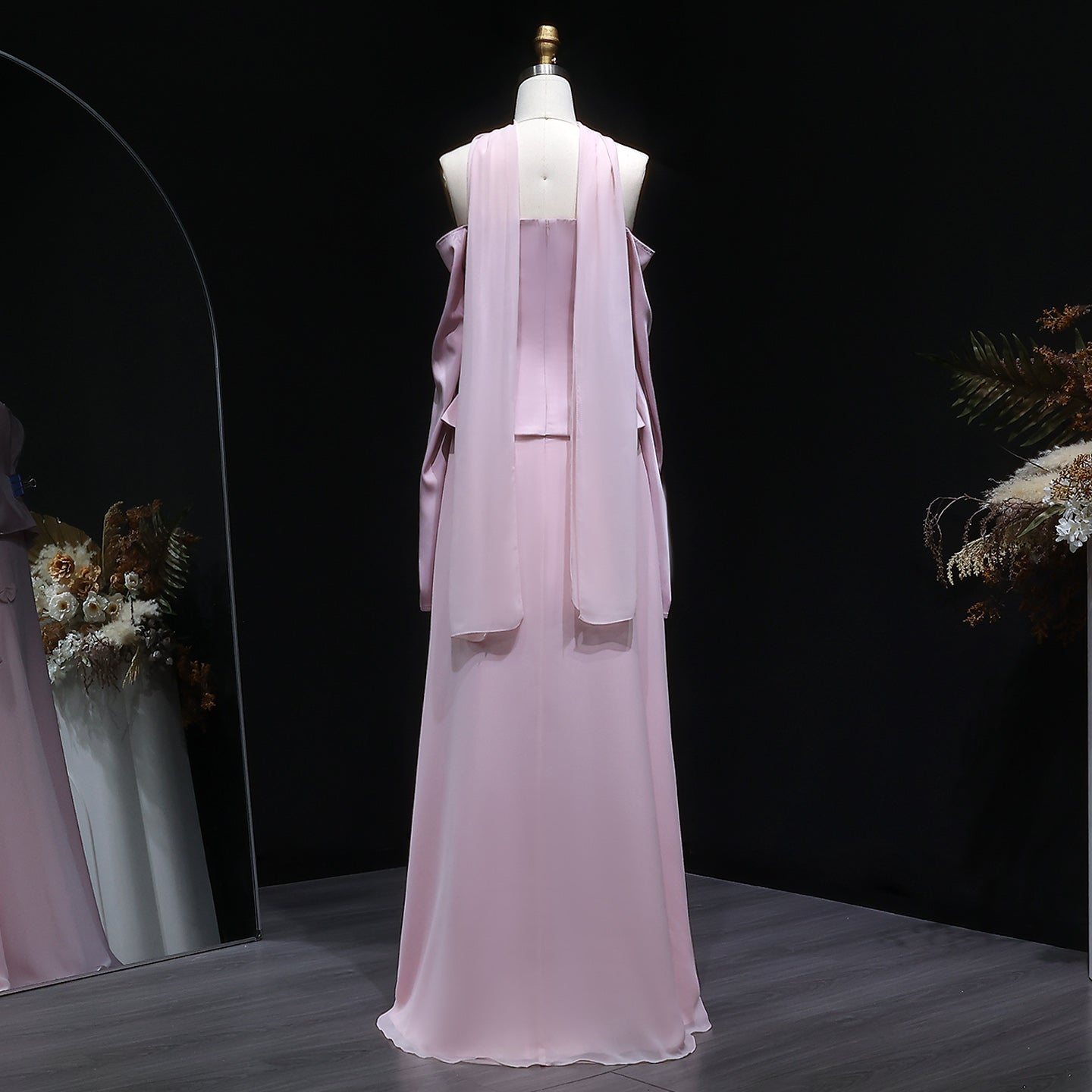 Luxury Lilac Satin Long Sleeve Evening Dress with Scarf and Bow Knot SF393