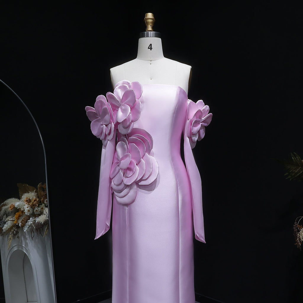 Luxury Pink 3D Floral Strapless Evening Dress with Split Tail SF394
